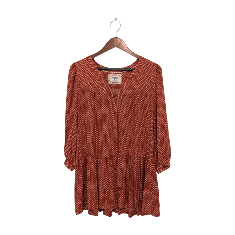 Anthropologie Red Orange Ditsy Blouse Holding Horses L Tiered Cottage